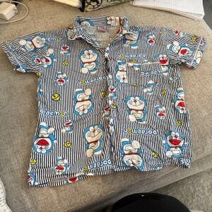 VTG Doraemon Top Cartoon Striped Button Up Short Sleeve Kids Shirt‎ Size 10-12